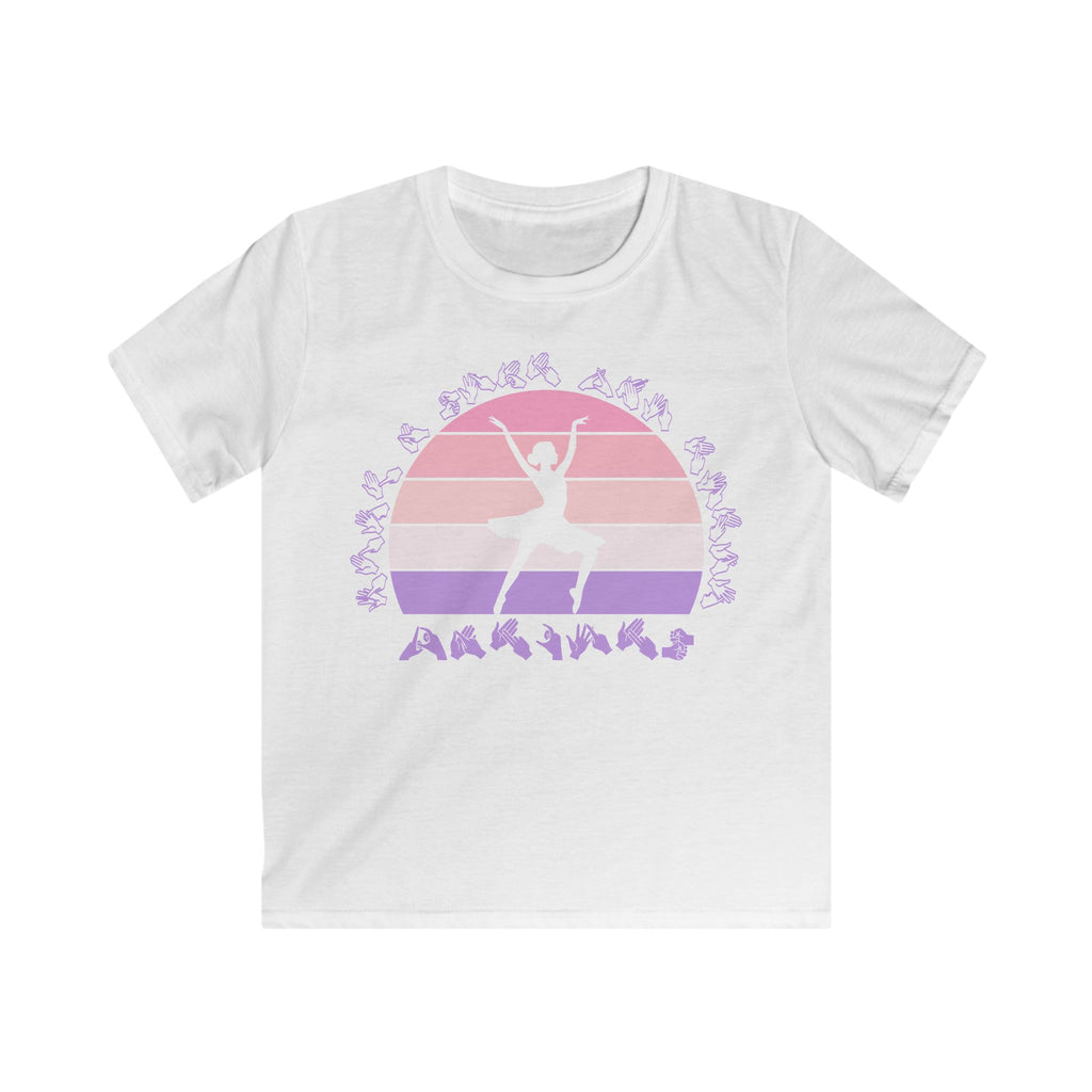 White t-shirt with the phrase "Just a Girl Who Loves Dancing" above a colourful retro sunset and a silhouette of a girl dancing in the centre