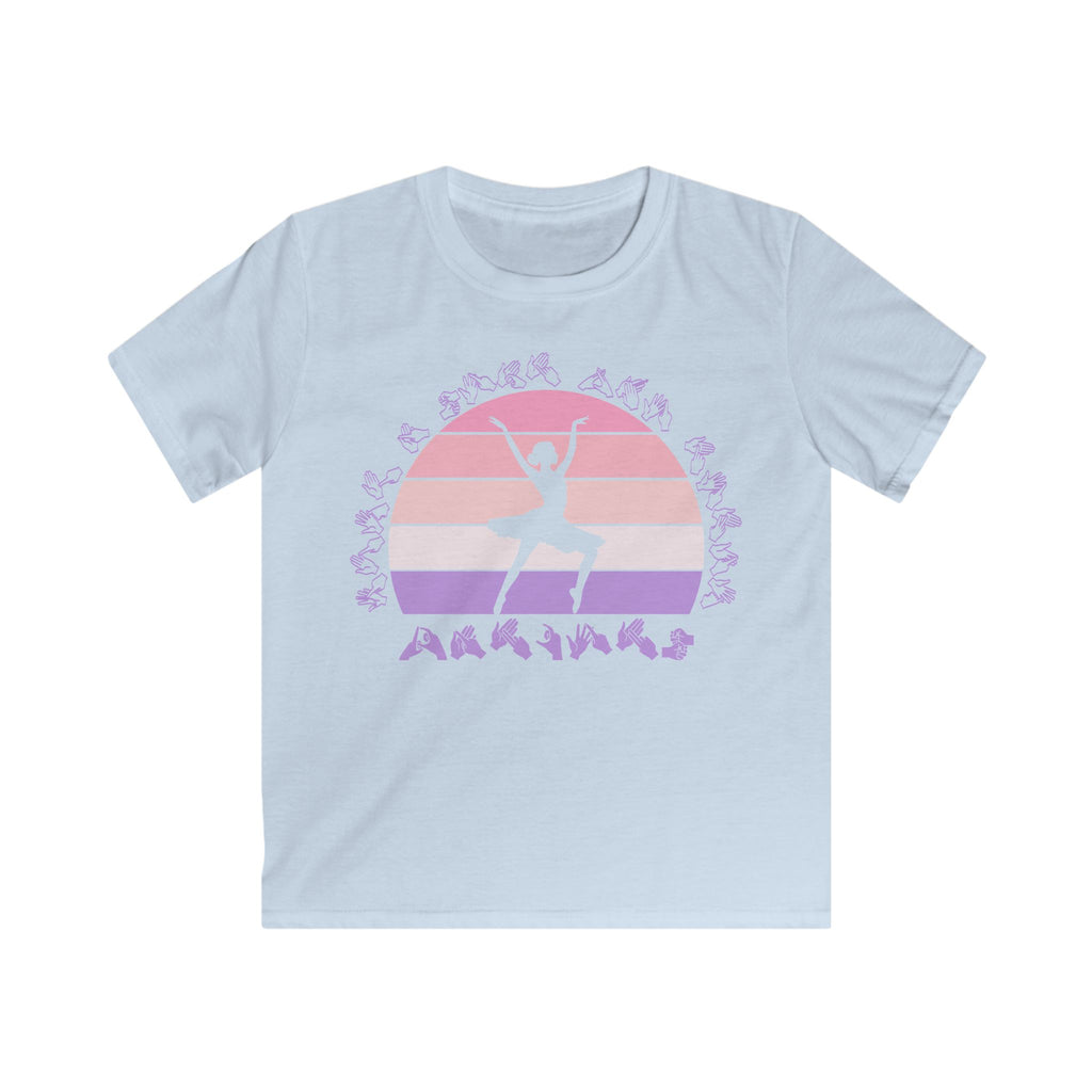 Light blue t-shirt with the phrase "Just a Girl Who Loves Dancing" above a colourful retro sunset and a silhouette of a girl dancing in the centre
