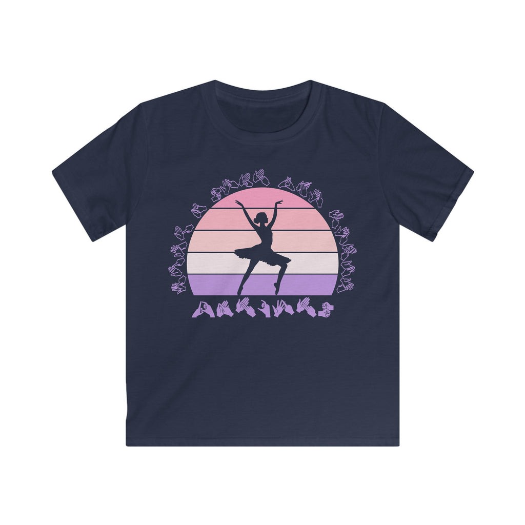 Navy t-shirt with the phrase "Just a Girl Who Loves Dancing" above a colourful retro sunset and a silhouette of a girl dancing in the centre