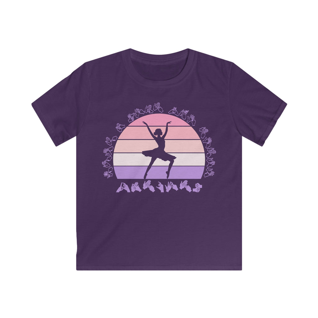 Purple t-shirt with the phrase "Just a Girl Who Loves Dancing" above a colourful retro sunset and a silhouette of a girl dancing in the centre