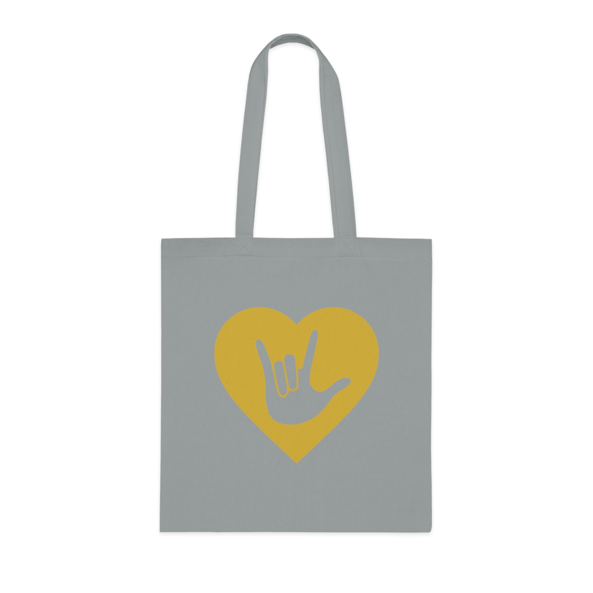Grey Tote Bag showing a gold coloured heart with the iconic ASL I Love You sign embedded in it
