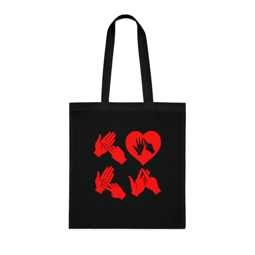 Black Tote Bag with the word Love in red BSL Fingerspelling with the 'O' embedded in a heart shape