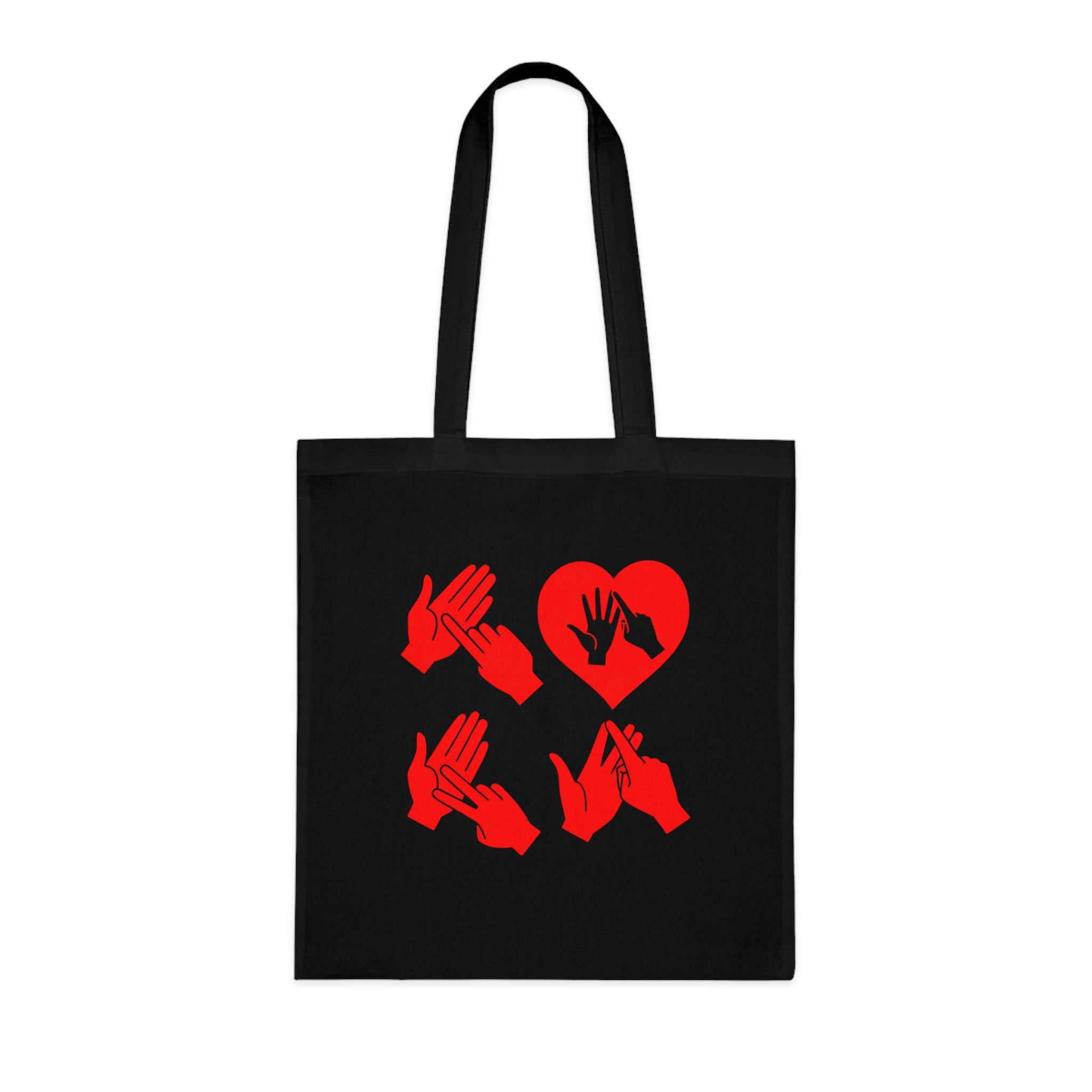 Black Tote Bag with the word Love in red BSL Fingerspelling with the 'O' embedded in a heart shape