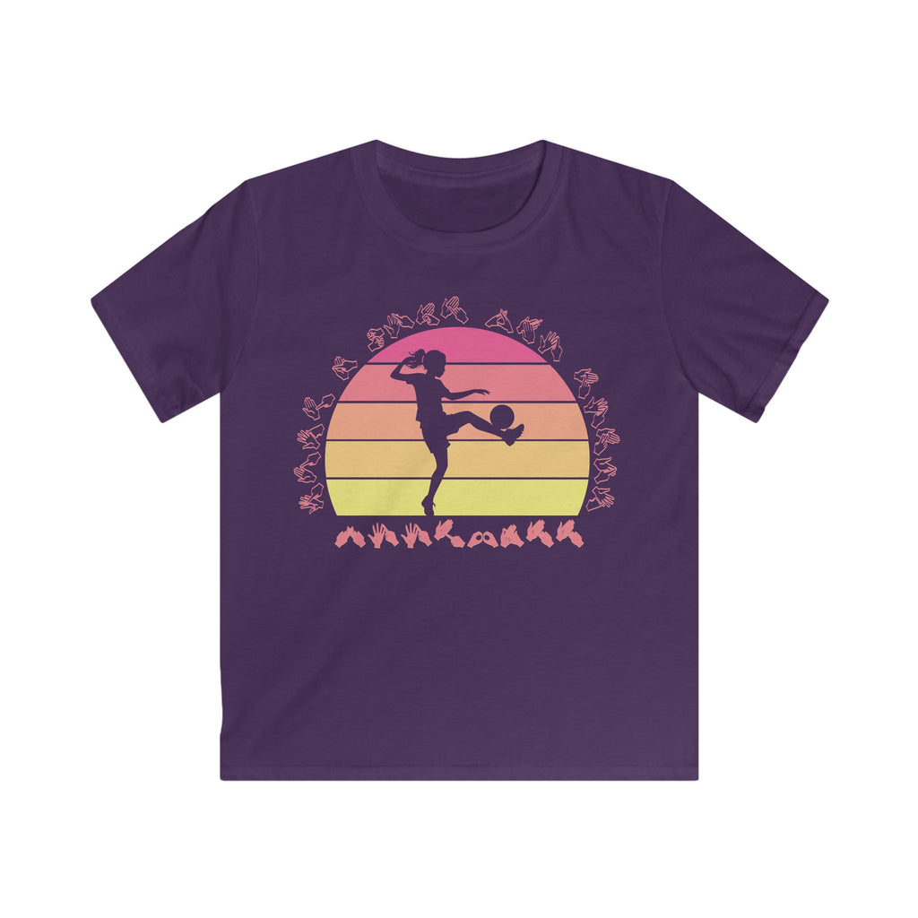 Purple t-shirt with the phrase "Just a Girl Who Loves Football" in BSL Fingerspelling featuring a colourful retro sunset and a silhouette of a boy kicking a football.