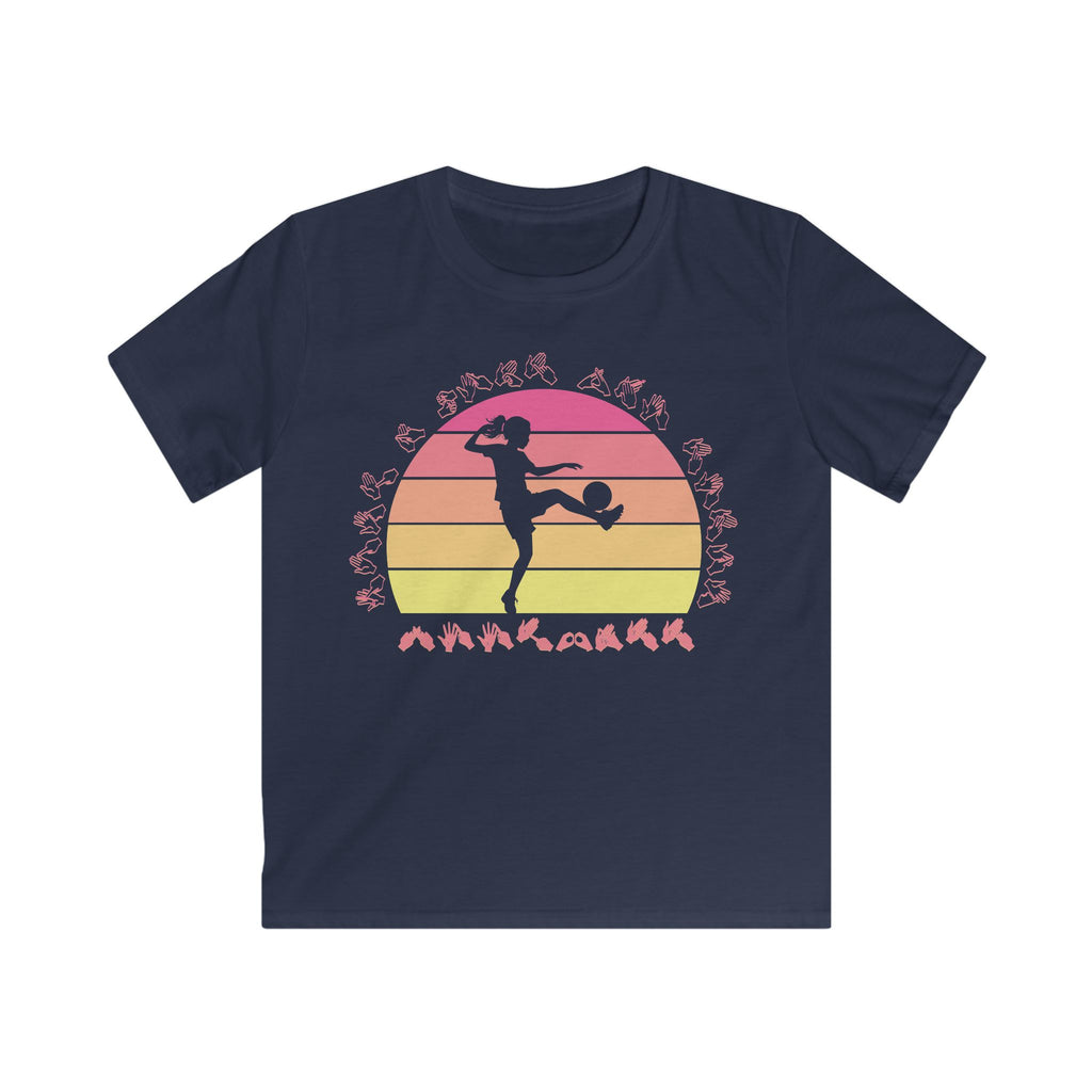 Navy t-shirt with the phrase "Just a Girl Who Loves Football" in BSL Fingerspelling featuring a colourful retro sunset and a silhouette of a boy kicking a football.