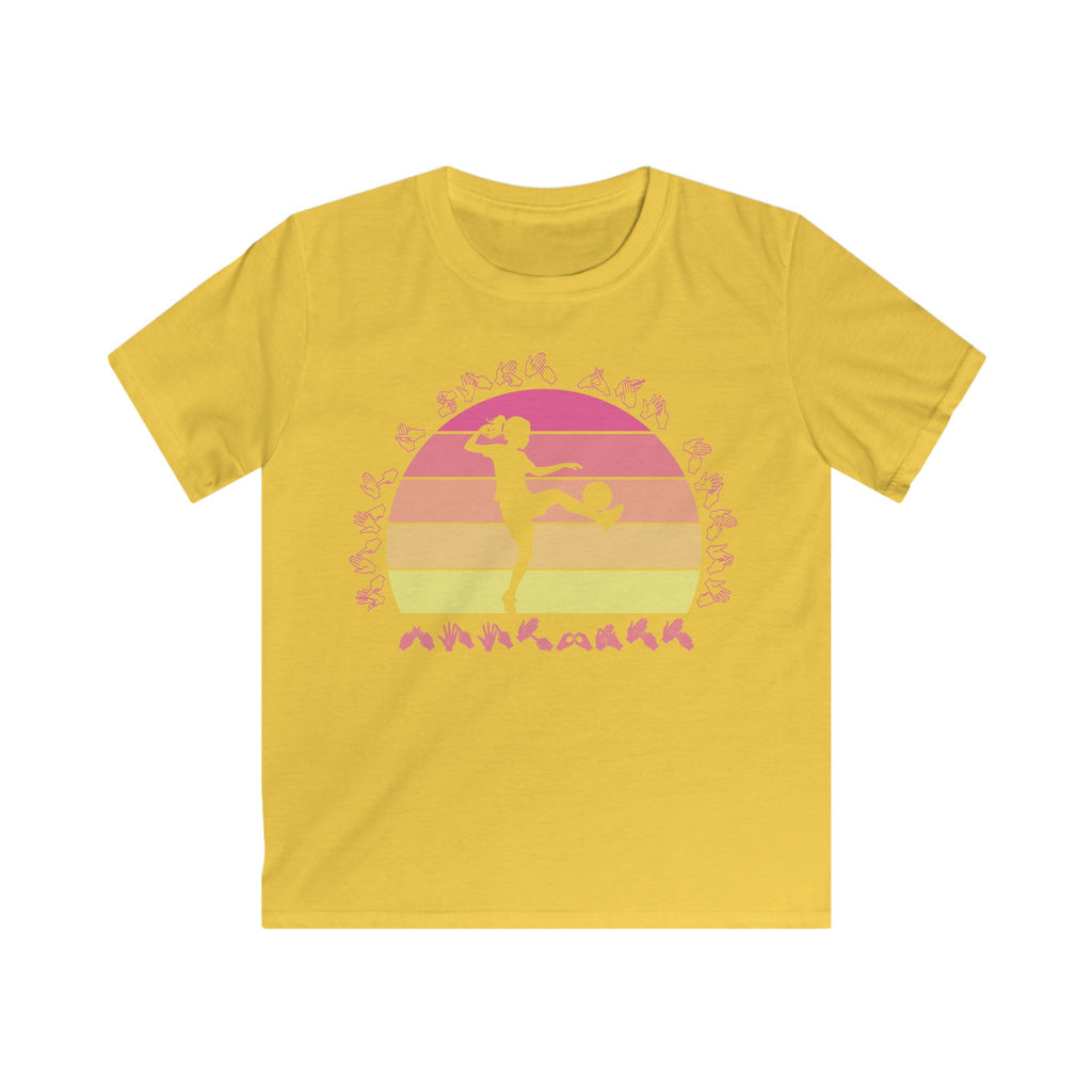 Daisy t-shirt with the phrase "Just a Girl Who Loves Football" in BSL Fingerspelling featuring a colourful retro sunset and a silhouette of a boy kicking a football.