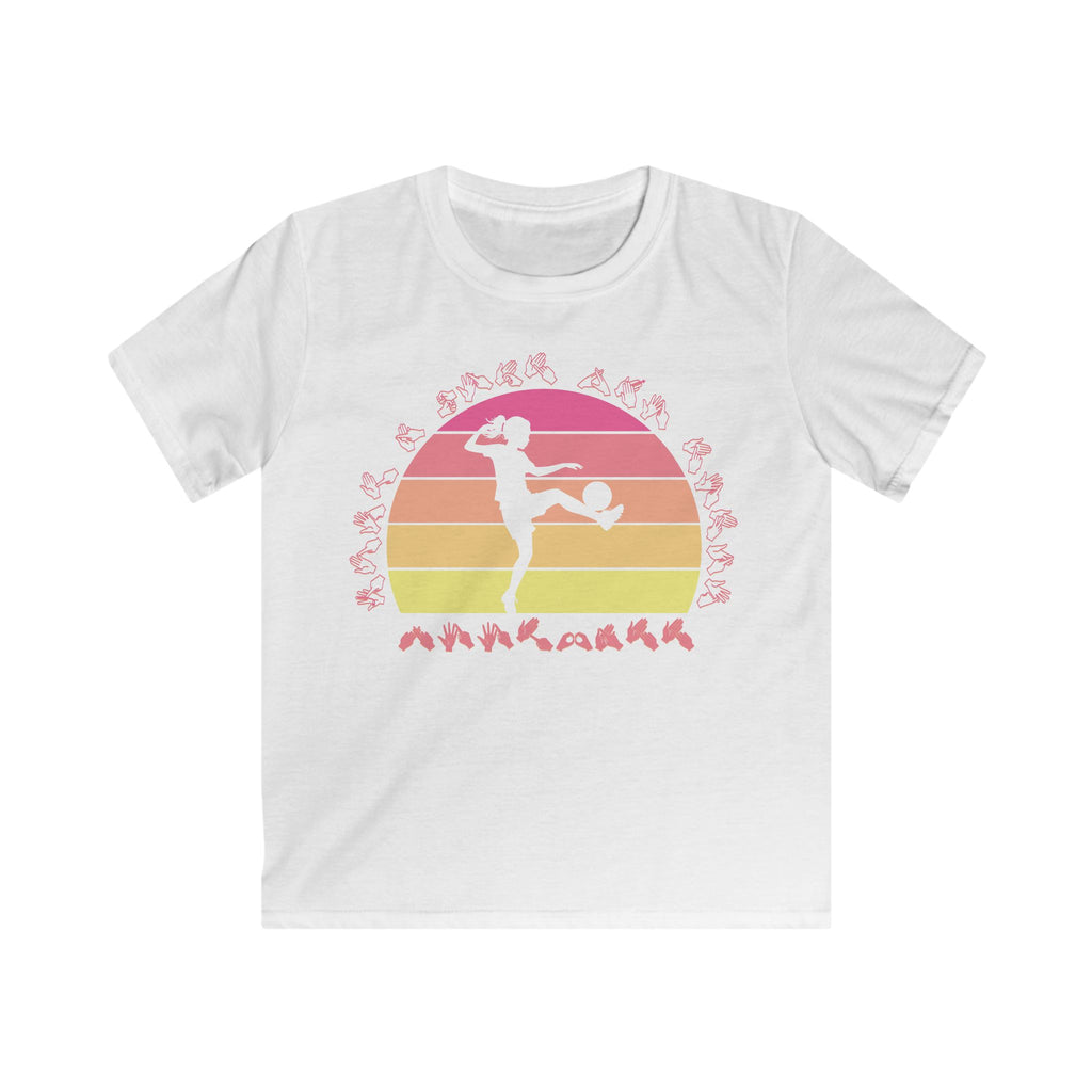 White t-shirt with the phrase "Just a Girl Who Loves Football" in BSL Fingerspelling featuring a colourful retro sunset and a silhouette of a boy kicking a football.