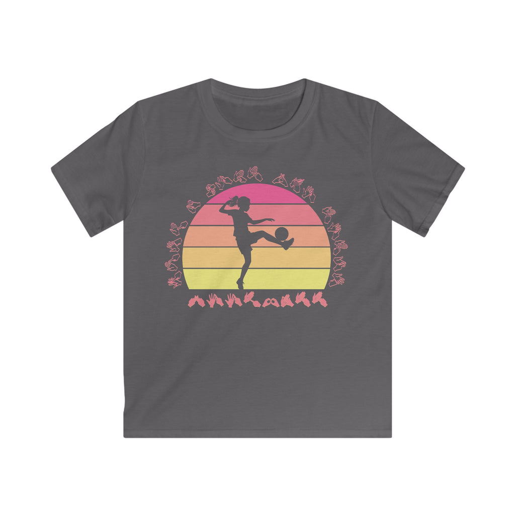 Charcoal t-shirt with the phrase "Just a Girl Who Loves Football" in BSL Fingerspelling featuring a colourful retro sunset and a silhouette of a boy kicking a football.