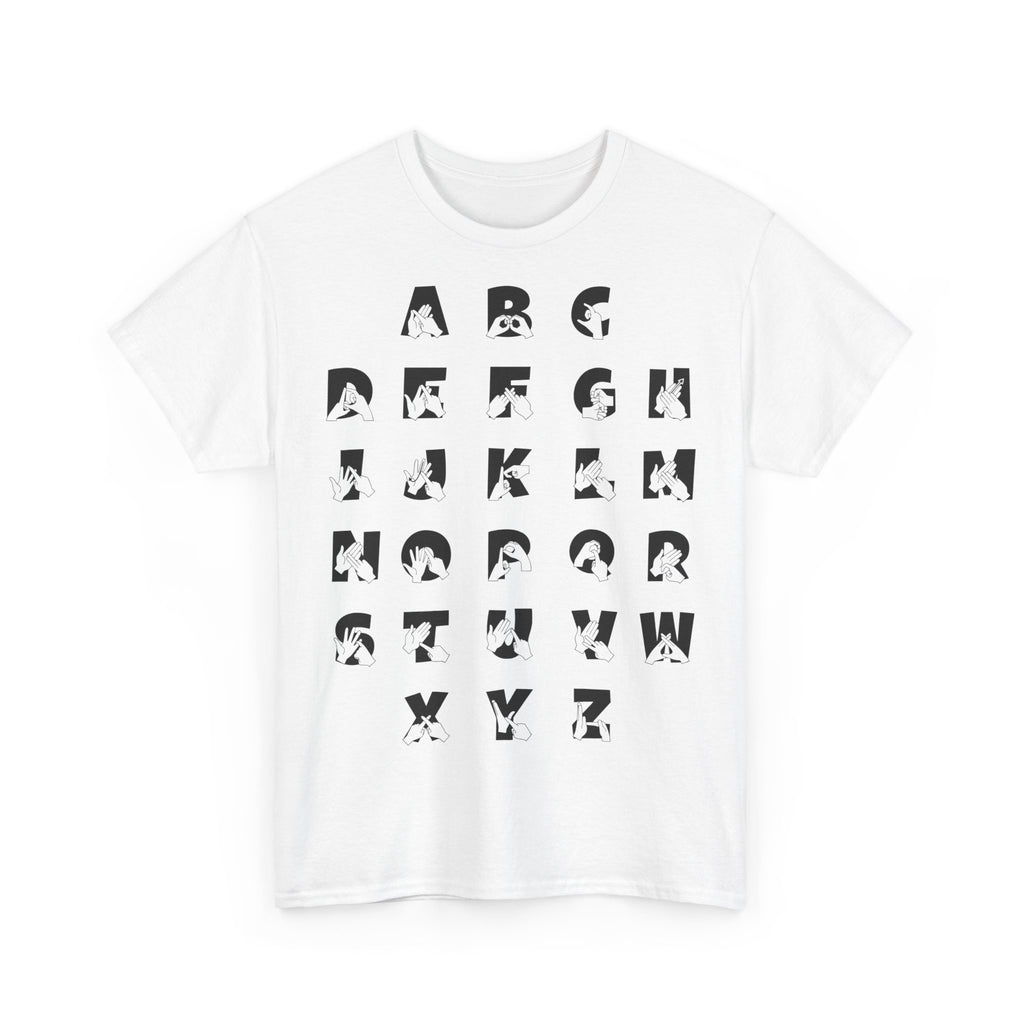 Front view of a white t-shirt with BSL Alphabet - Black Fingerspelling & Text