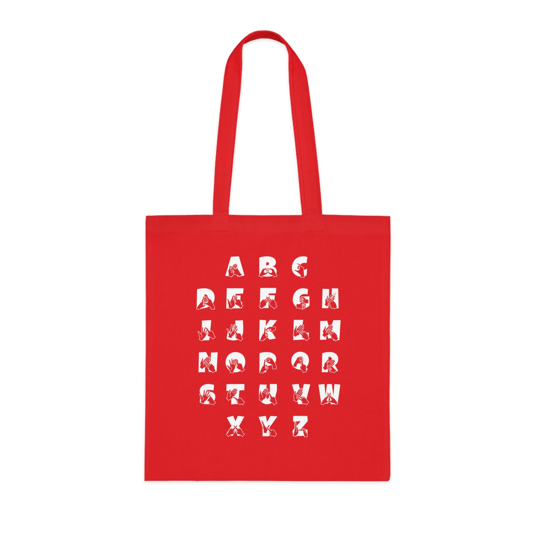 Red Tote Bag with BSL Alphabet - White Fingerspelling & Text
