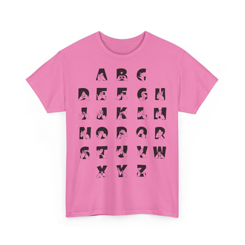 Front view of a azalea t-shirt with BSL Alphabet - Black Fingerspelling