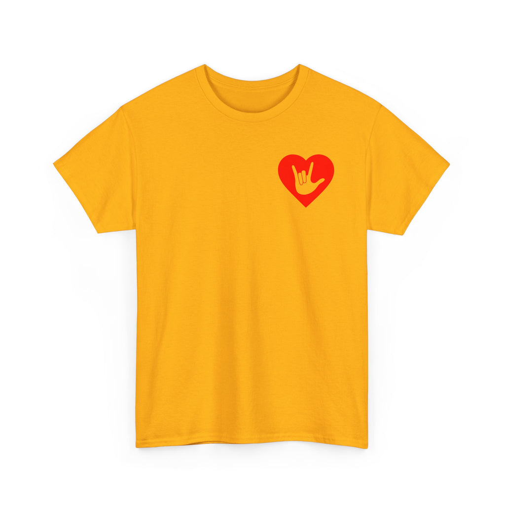 Front view of a gold T-Shirt showing a red coloured heart and the iconic ASL I Love You sign embedded in it on the left side of the chest