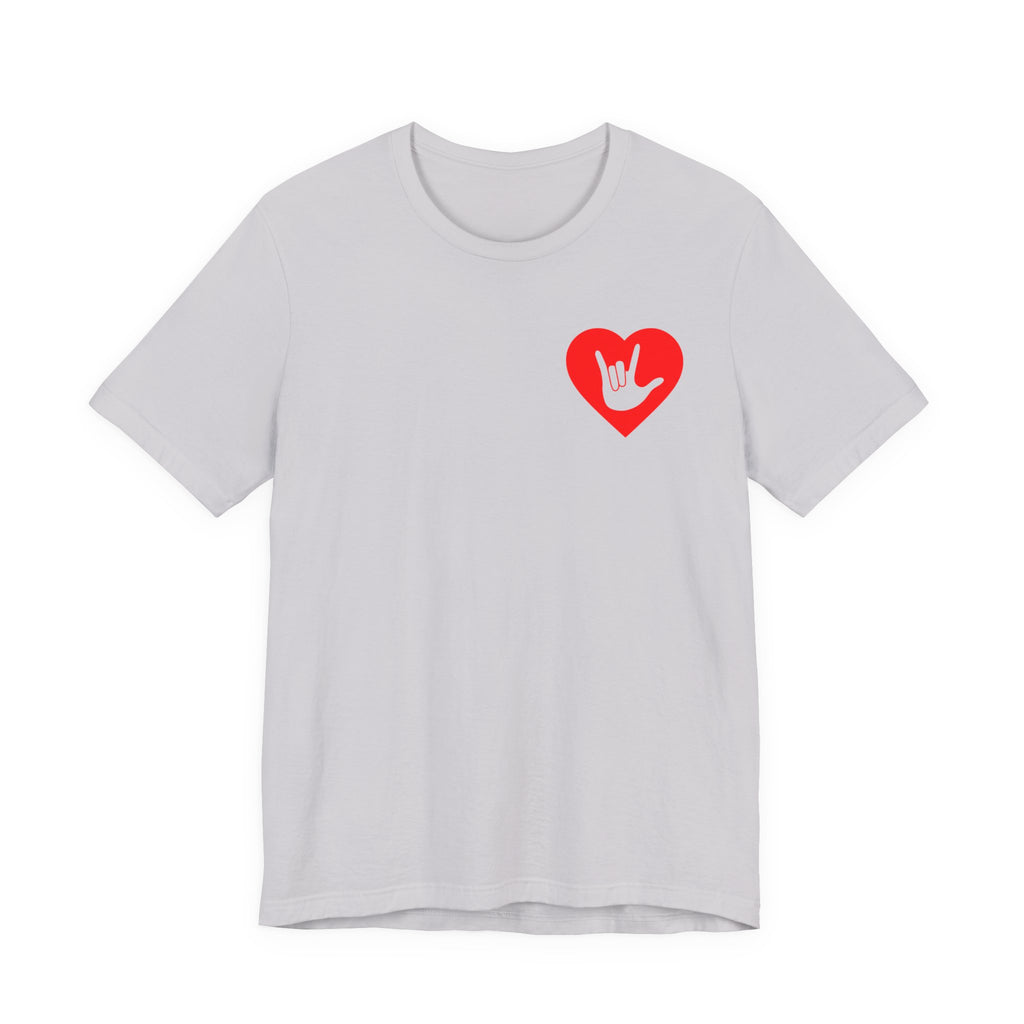 Front view of a lavender dust T-Shirt showing a red coloured heart and the iconic ASL I Love You sign embedded in it on the left side of the chest