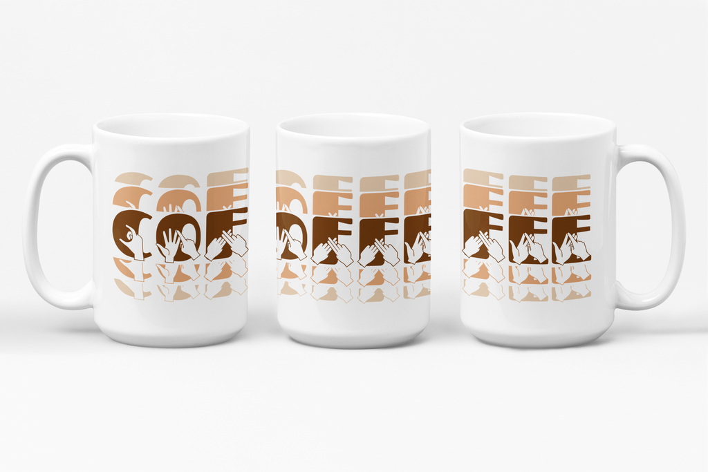 Three white mugs each showing a different angle of the phrase Coffee written in BSL Fingerspelling and Text wrapping around the mug in brown cutaway design.
