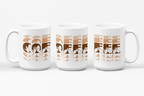 Three white mugs each showing a different angle of the phrase Coffee written in BSL Fingerspelling and Text wrapping around the mug in brown cutaway design.