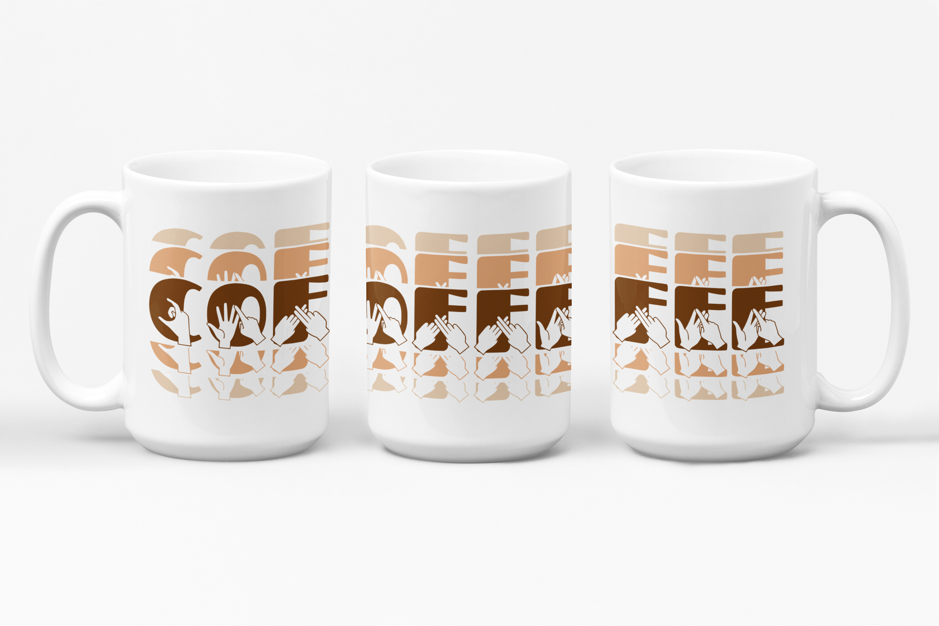 Three white mugs each showing a different angle of the phrase Coffee written in BSL Fingerspelling and Text wrapping around the mug in brown cutaway design.
