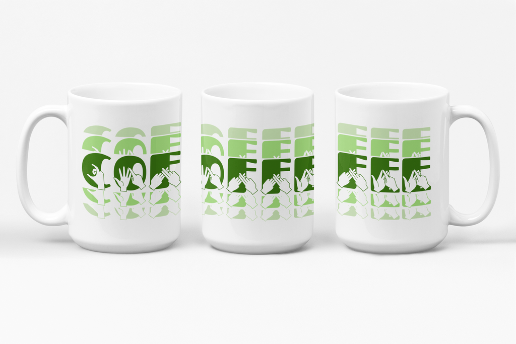 Three white mugs each showing a different angle of the phrase Coffee written in BSL Fingerspelling and Text wrapping around the mug in green cutaway design.
