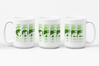 Three white mugs each showing a different angle of the phrase Coffee written in BSL Fingerspelling and Text wrapping around the mug in green cutaway design.