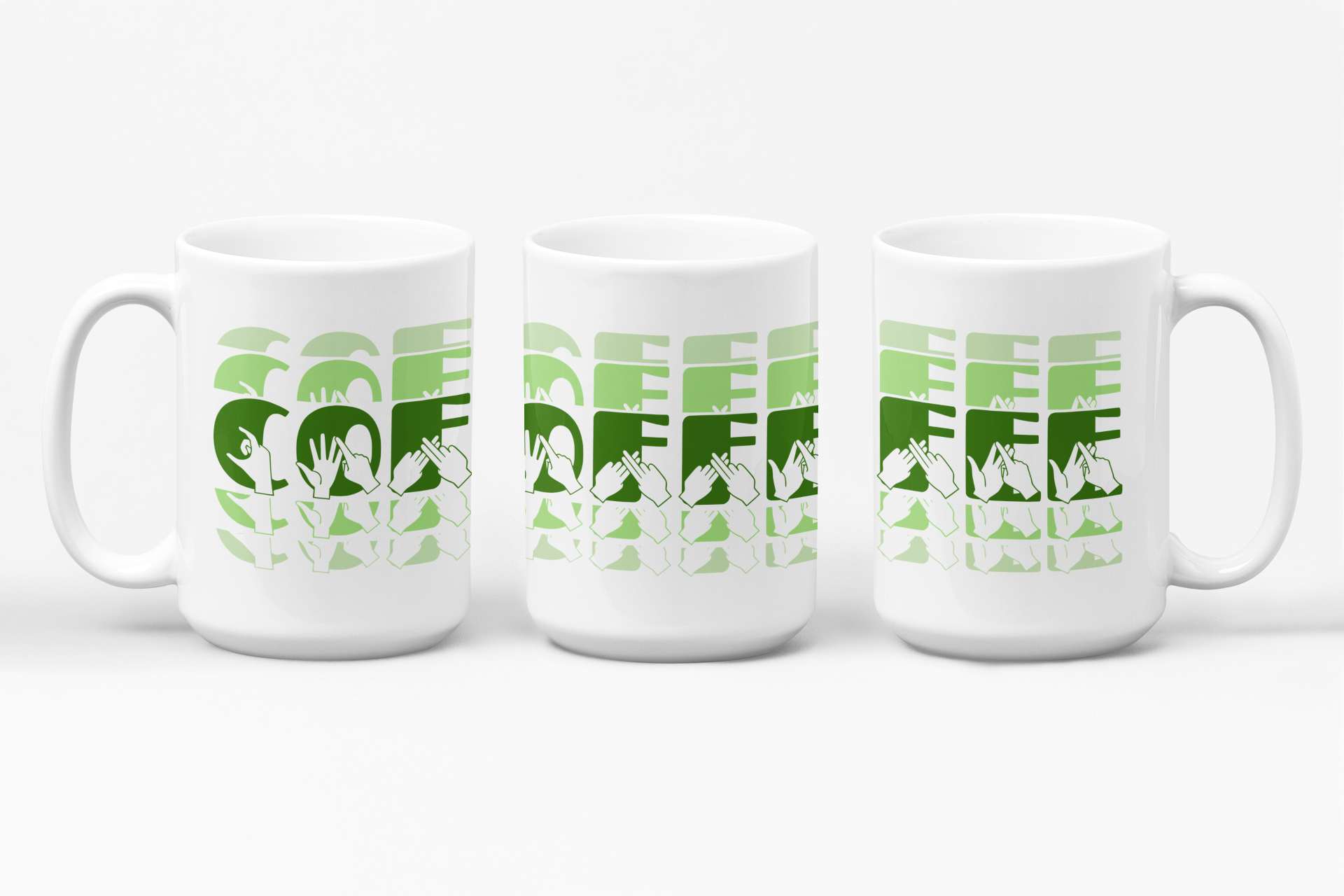 Three white mugs each showing a different angle of the phrase Coffee written in BSL Fingerspelling and Text wrapping around the mug in green cutaway design.