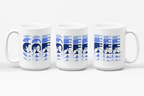 Three white mugs each showing a different angle of the phrase Coffee written in BSL Fingerspelling and Text wrapping around the mug in blue cutaway design.