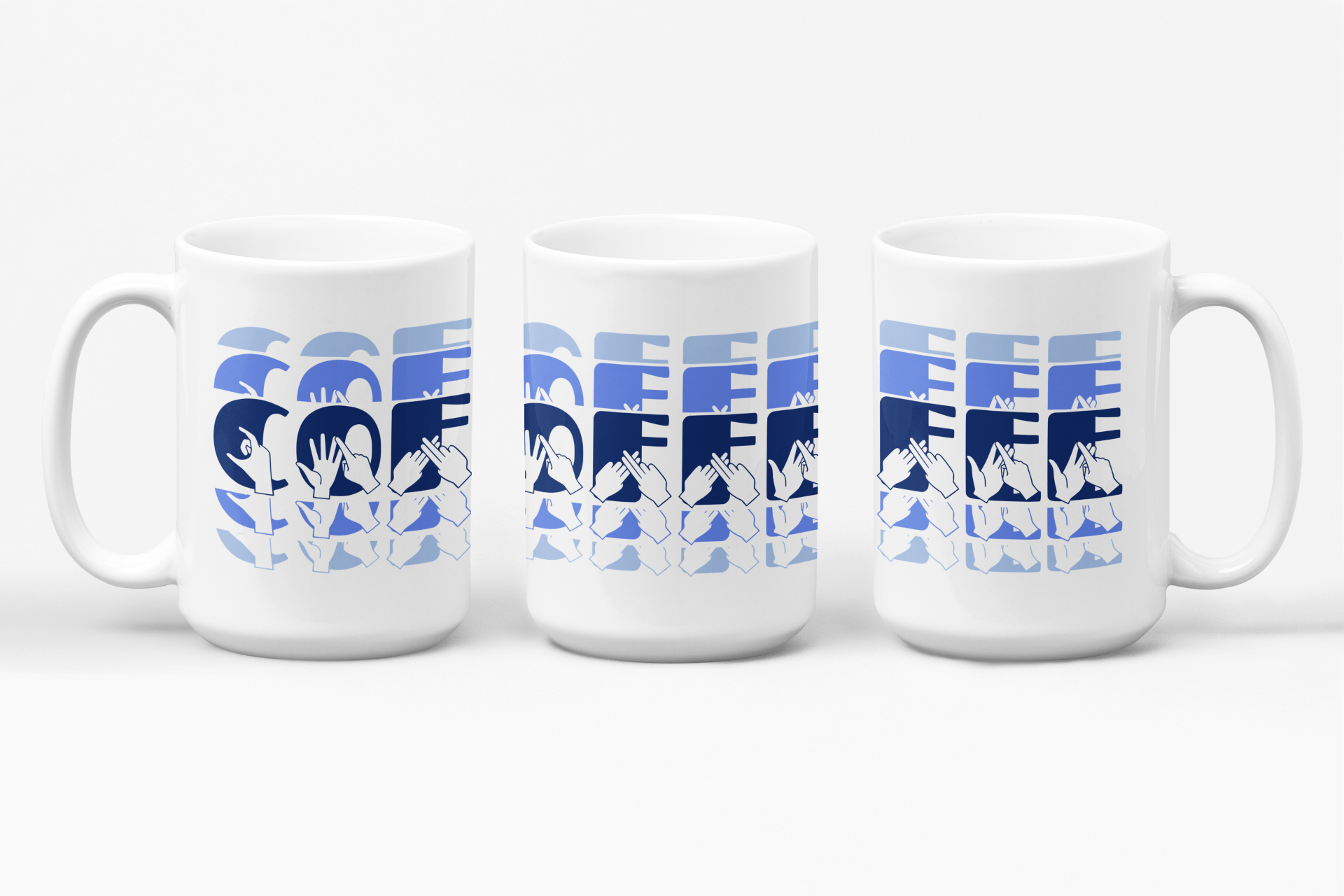 Three white mugs each showing a different angle of the phrase Coffee written in BSL Fingerspelling and Text wrapping around the mug in blue cutaway design.