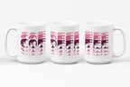 Three white mugs each showing a different angle of the phrase Coffee written in BSL Fingerspelling and Text wrapping around the mug in pink cutaway design.
