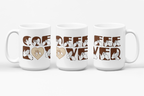 Three white mugs each showing a different angle of the phrase Coffee Lover written in BSL Fingerspelling and Text wrapping around the mug in brown.