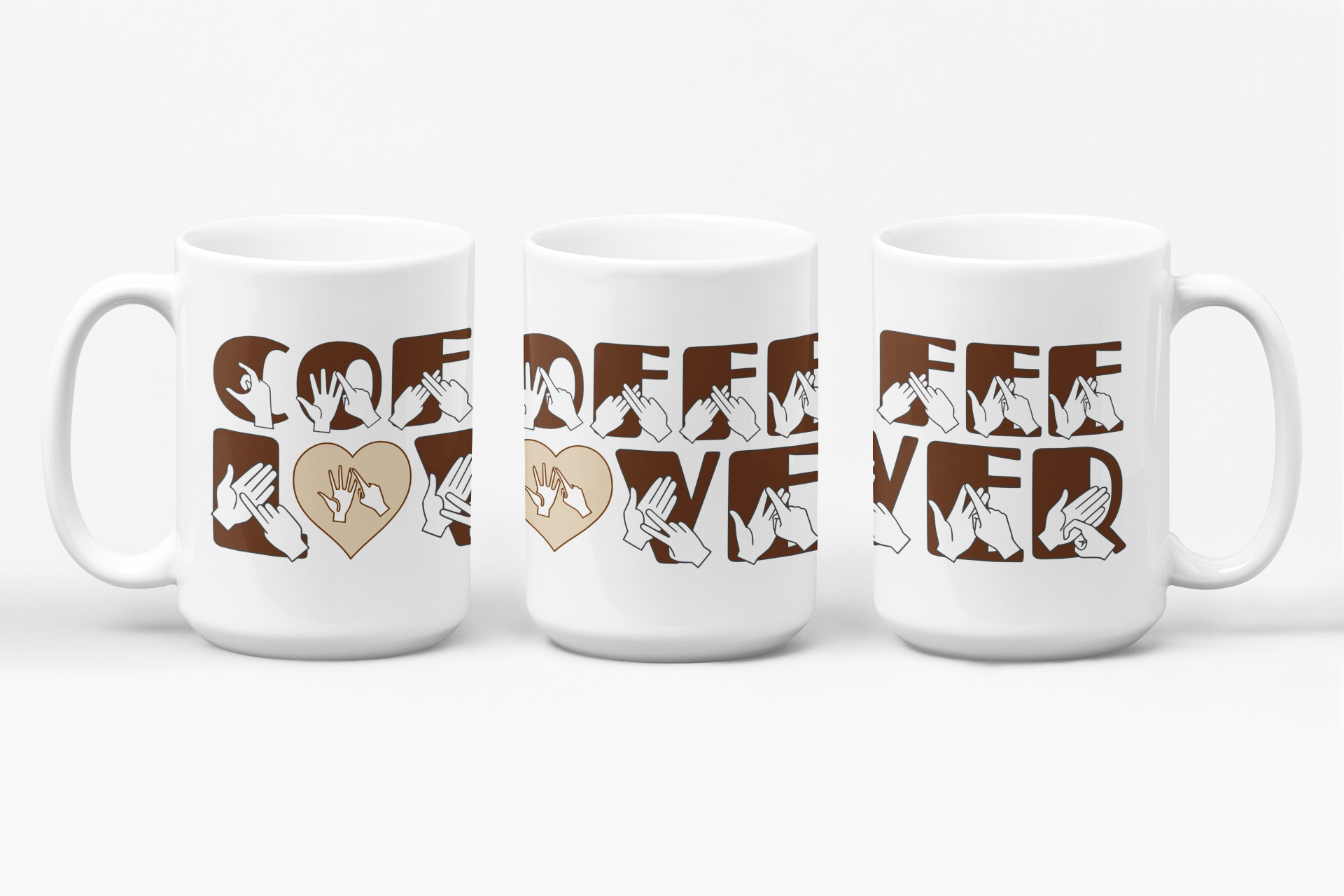 Three white mugs each showing a different angle of the phrase Coffee Lover written in BSL Fingerspelling and Text wrapping around the mug in brown.