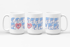 Three white mugs each showing a different angle of the phrase Coffee Lover written in BSL Fingerspelling and Text wrapping around the mug in blue.