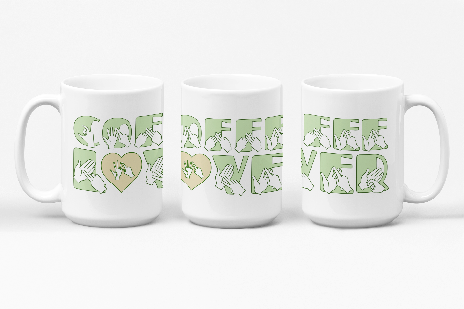 Three white mugs each showing a different angle of the phrase Coffee Lover written in BSL Fingerspelling and Text wrapping around the mug in green.