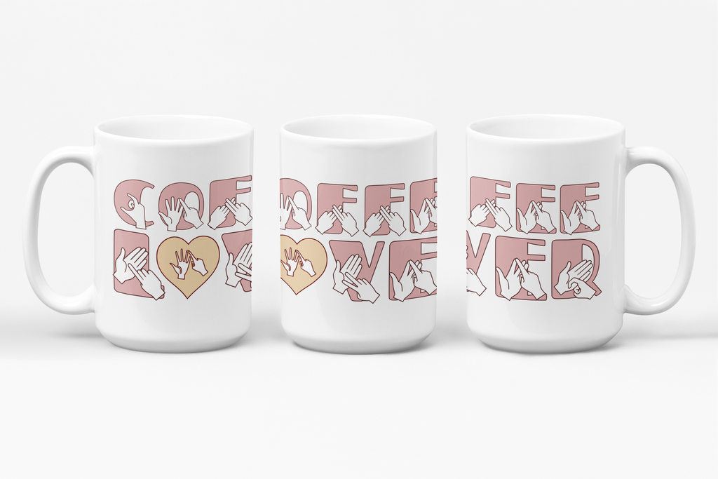 Three white mugs each showing a different angle of the phrase Coffee Lover written in BSL Fingerspelling and Text wrapping around the mug in pink.
