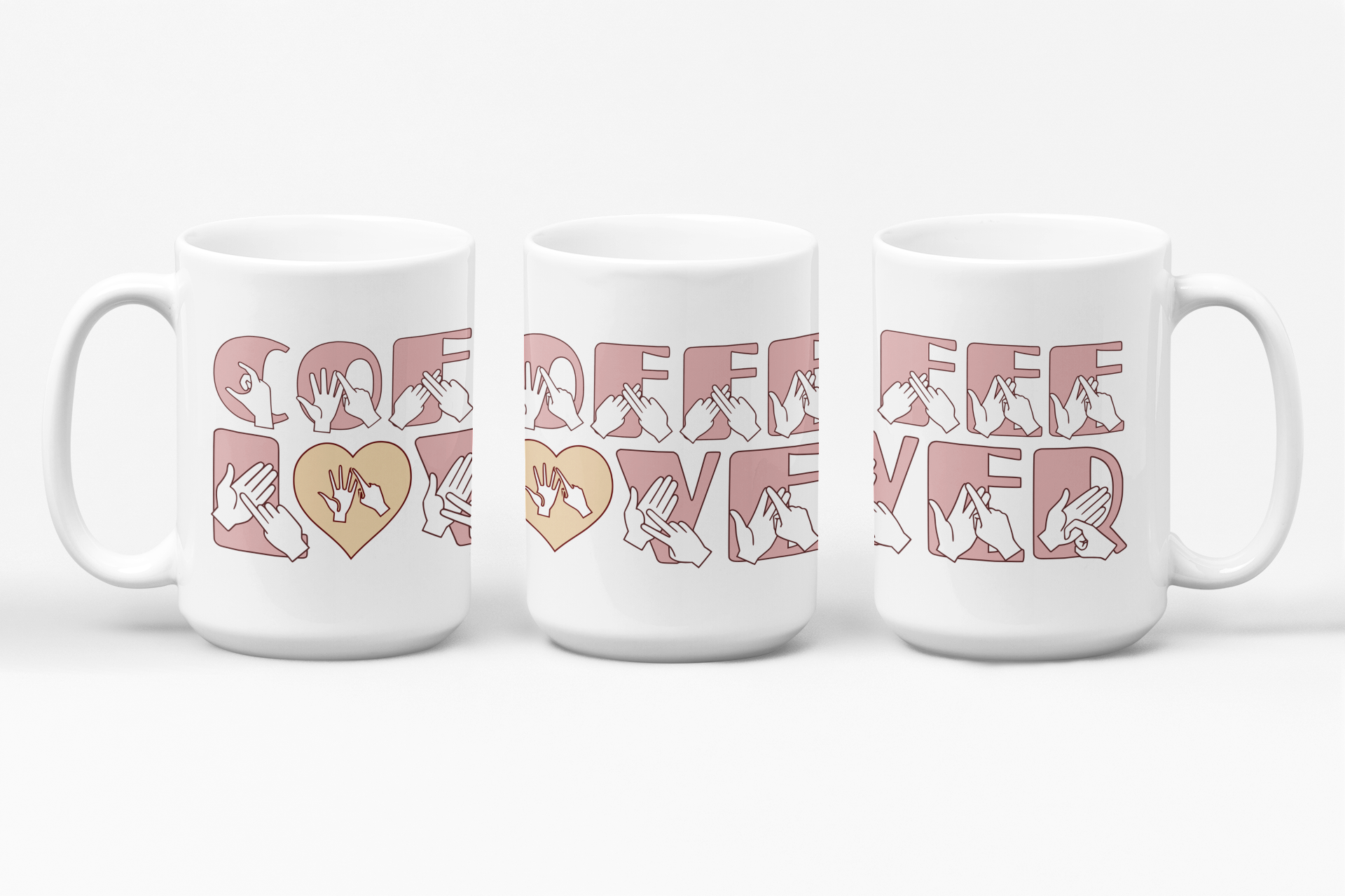 Three white mugs each showing a different angle of the phrase Coffee Lover written in BSL Fingerspelling and Text wrapping around the mug in pink.