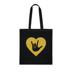 Black Tote Bag showing a gold coloured heart with the iconic ASL I Love You sign embedded in it