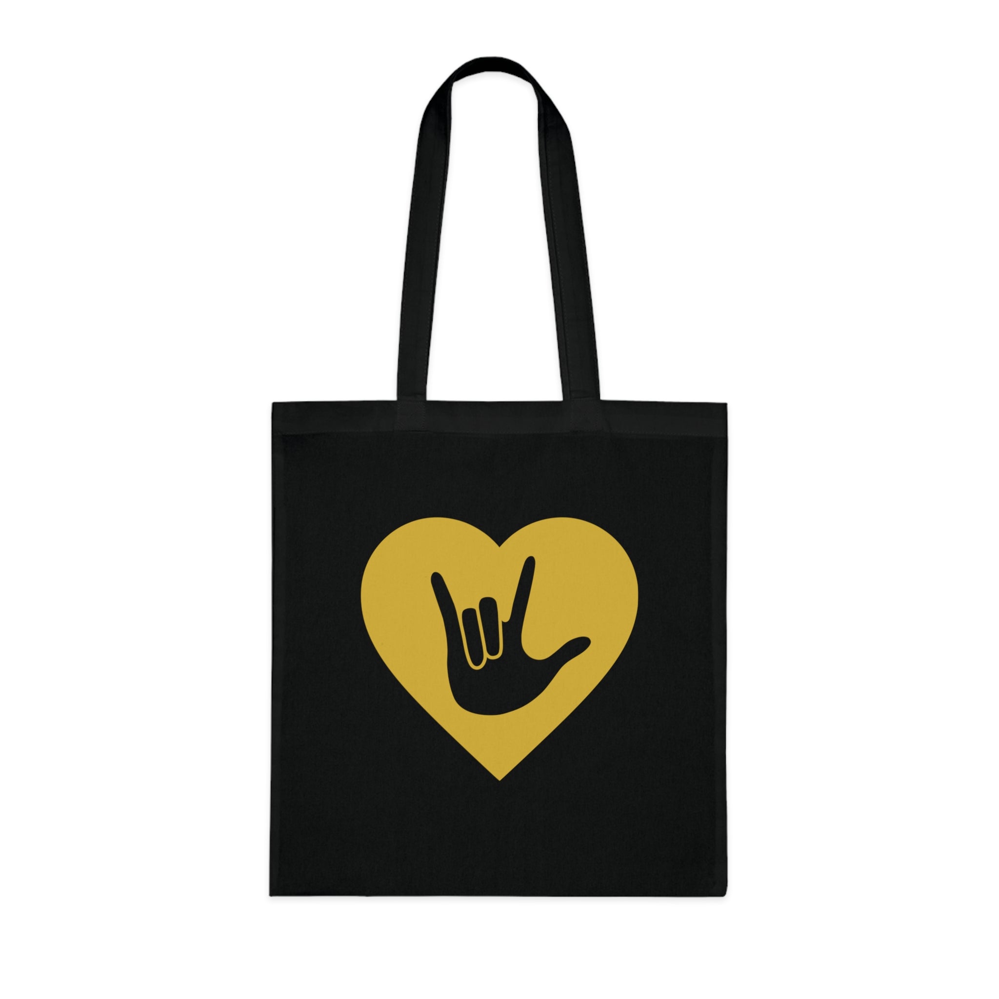 Black Tote Bag showing a gold coloured heart with the iconic ASL I Love You sign embedded in it