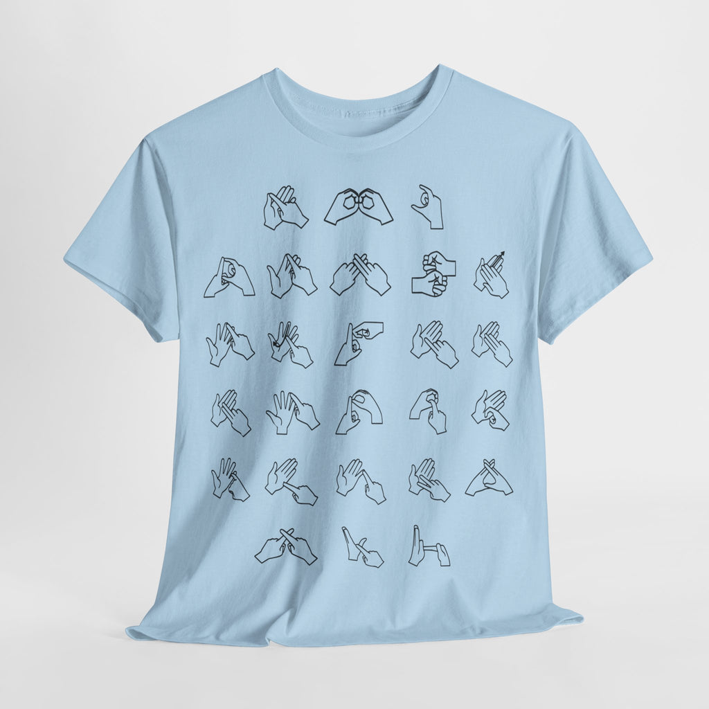 Front view of a light blue t-shirt with BSL Alphabet - Black Fingerspelling on a light grey background