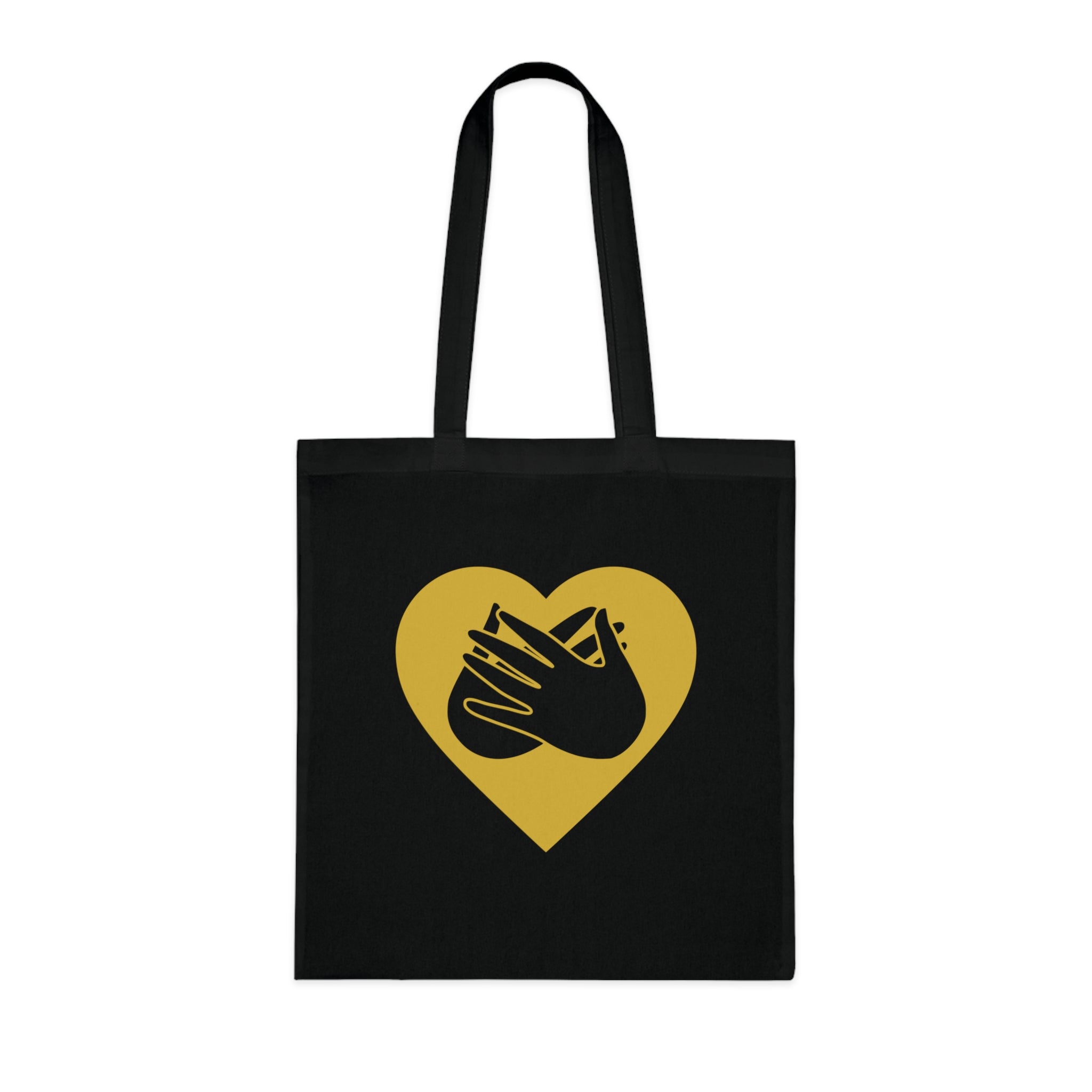 Black Tote Bag showing a gold coloured heart and the iconic BSL Love sign embedded in it