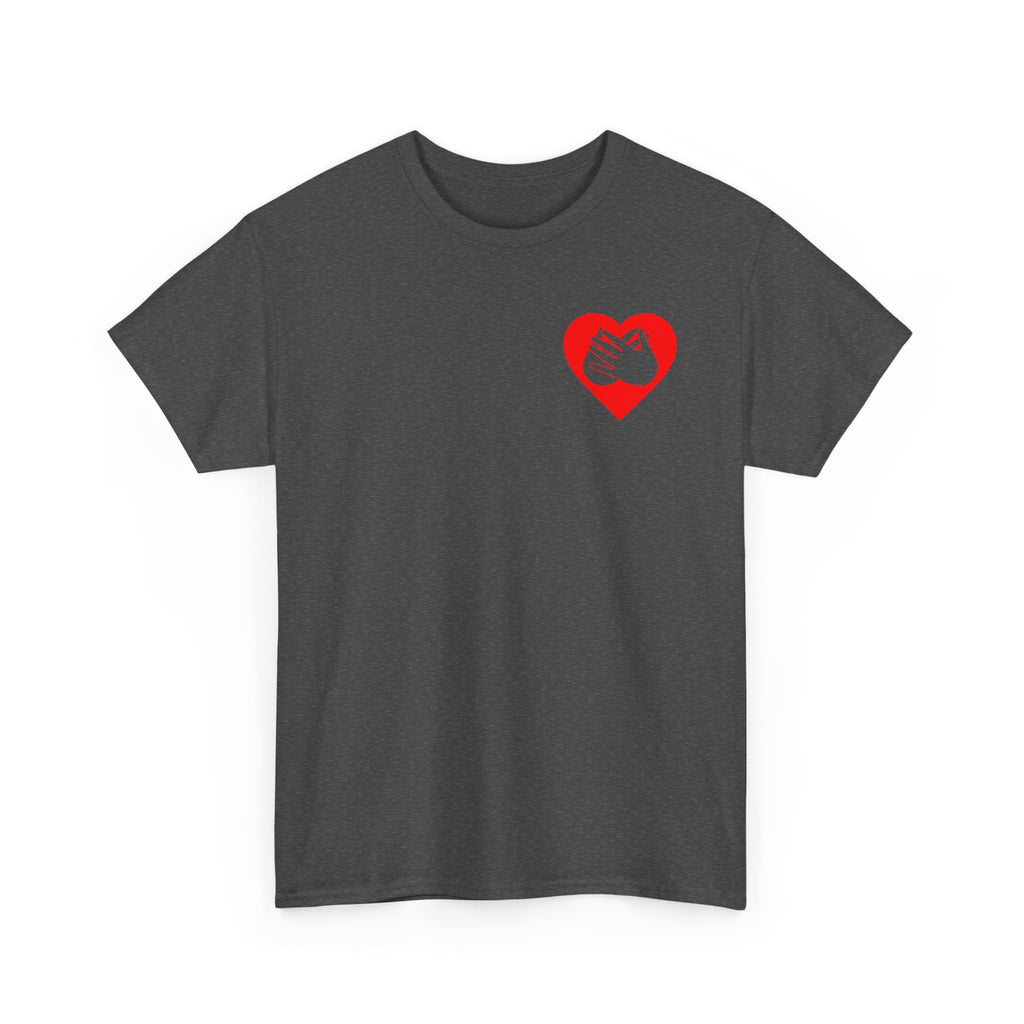 Front view of a dark heather T-Shirt showing a red coloured heart and the iconic BSL Love sign embedded in it on the left side of the chest