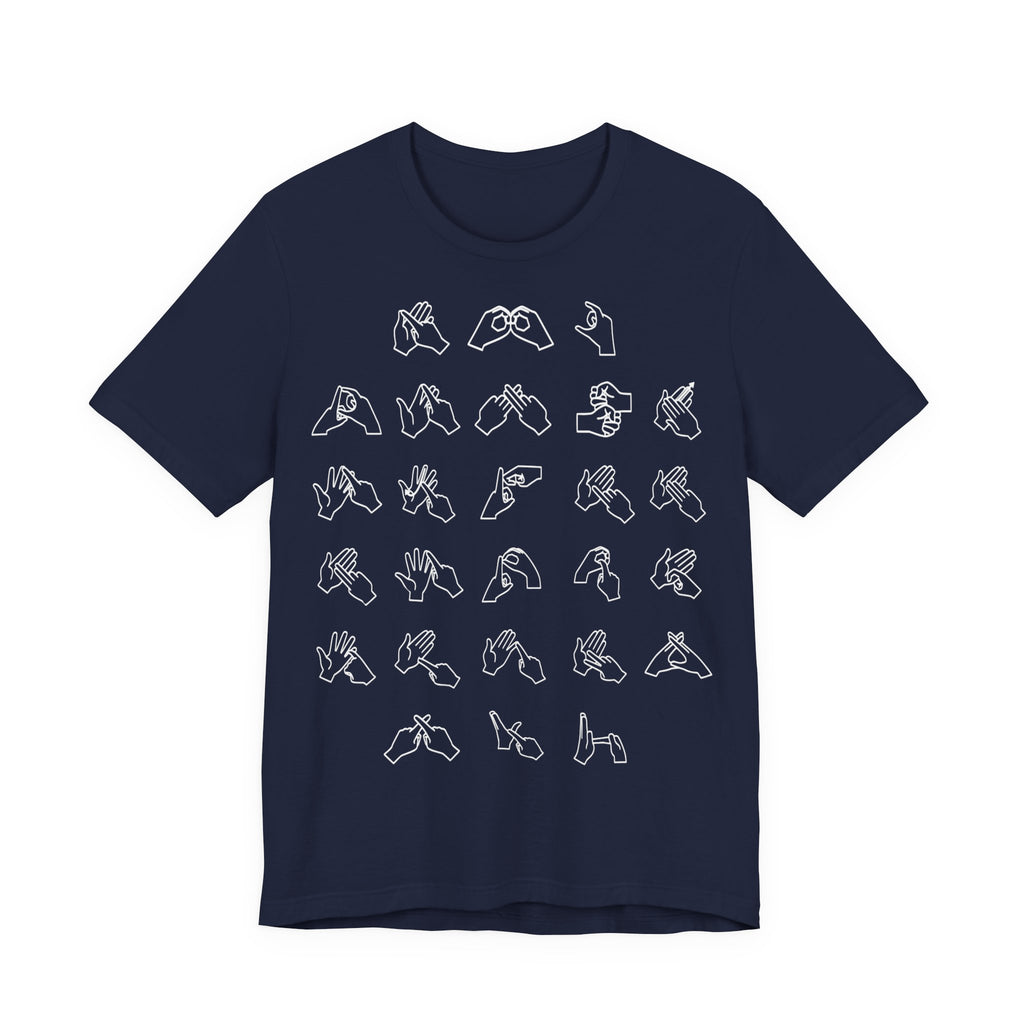 Front view of a navy t-shirt with BSL Alphabet - White Fingerspelling