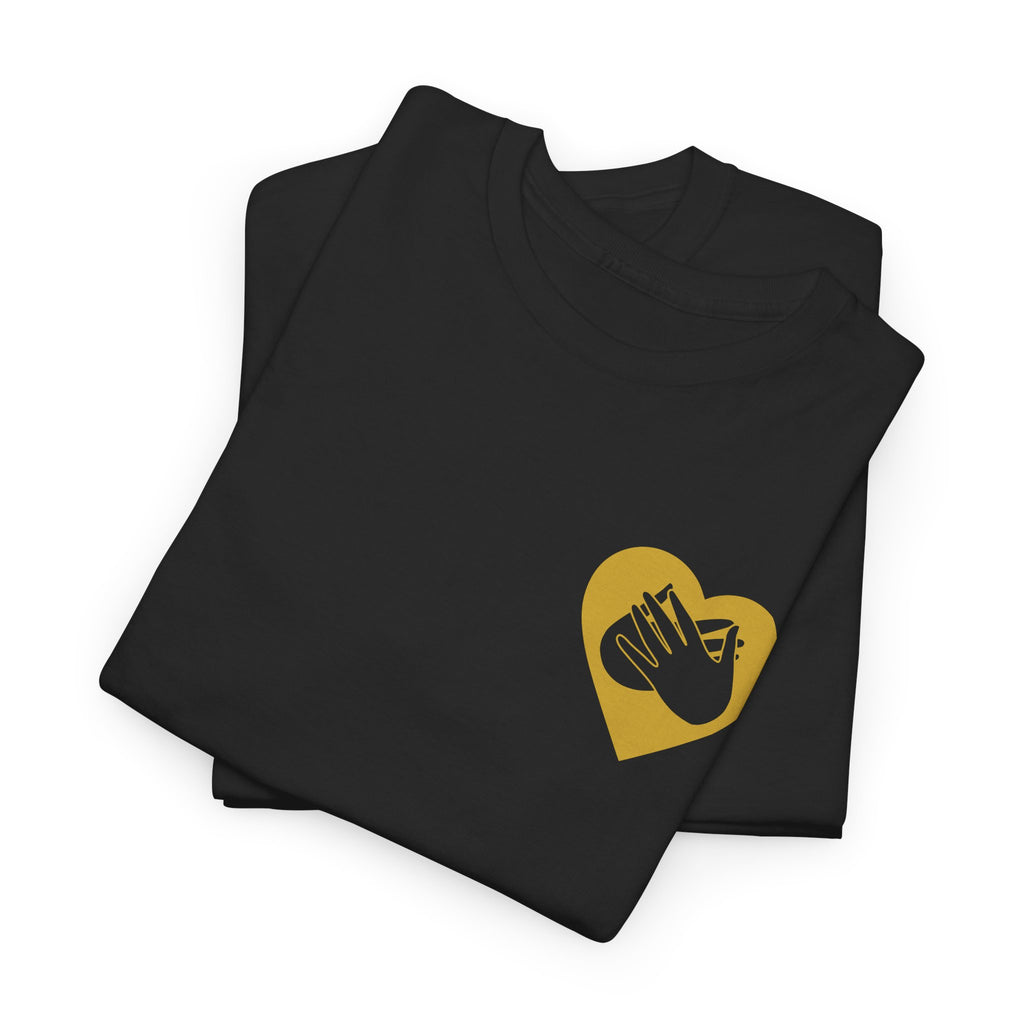 Folded black T-Shirt showing a gold coloured heart and the iconic BSL Love sign embedded in it on the left side of the chest