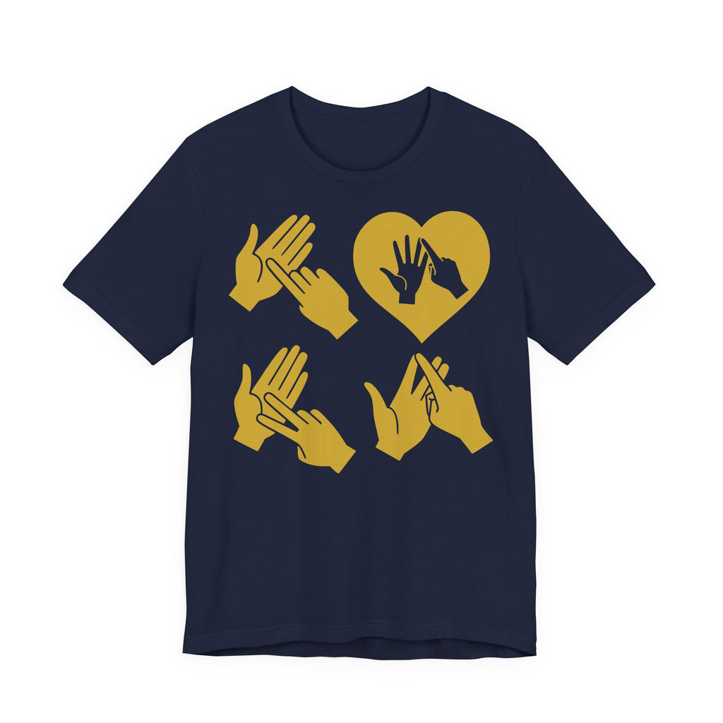 Front view of a navy T-Shirt with the word Love in gold BSL Fingerspelling with the 'O' embedded in a heart shape
