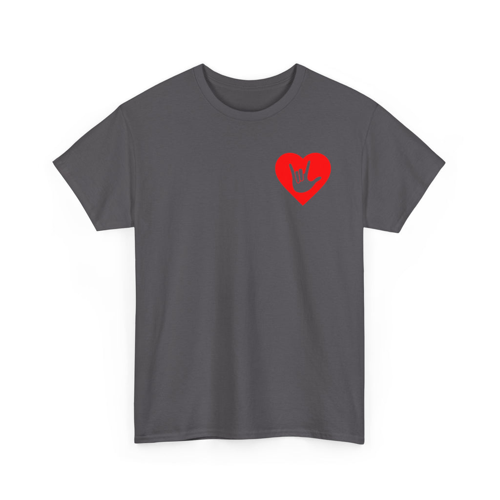 Front view of a charcoal T-Shirt showing a red coloured heart and the iconic ASL I Love You sign embedded in it on the left side of the chest