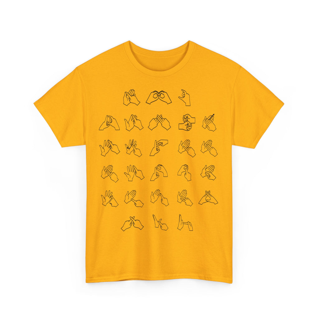 Front view of a gold t-shirt with BSL Alphabet - Black Fingerspelling