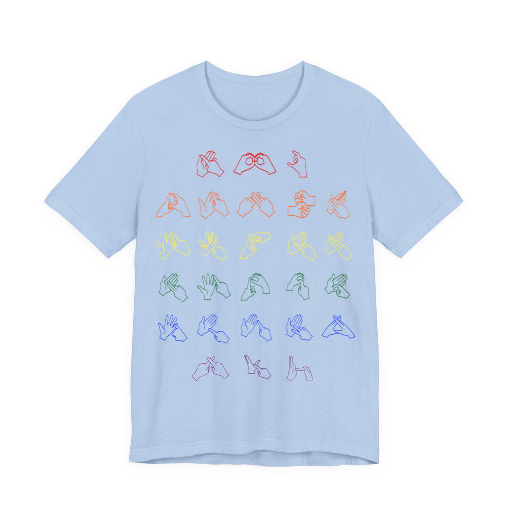 Front view of a baby blue t-shirt with BSL Alphabet - Pride Fingerspelling