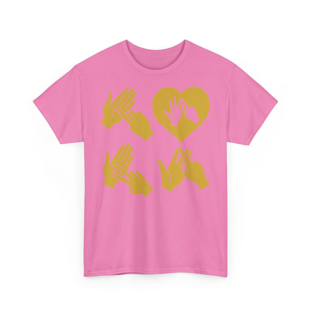 Front view of a azalea T-Shirt with the word Love in gold BSL Fingerspelling with the 'O' embedded in a heart shape