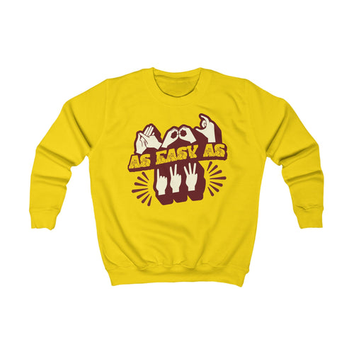 Sun yellow sweatshirt with ‘ABC As Easy As 123’ in BSL fingerspelling and text characters