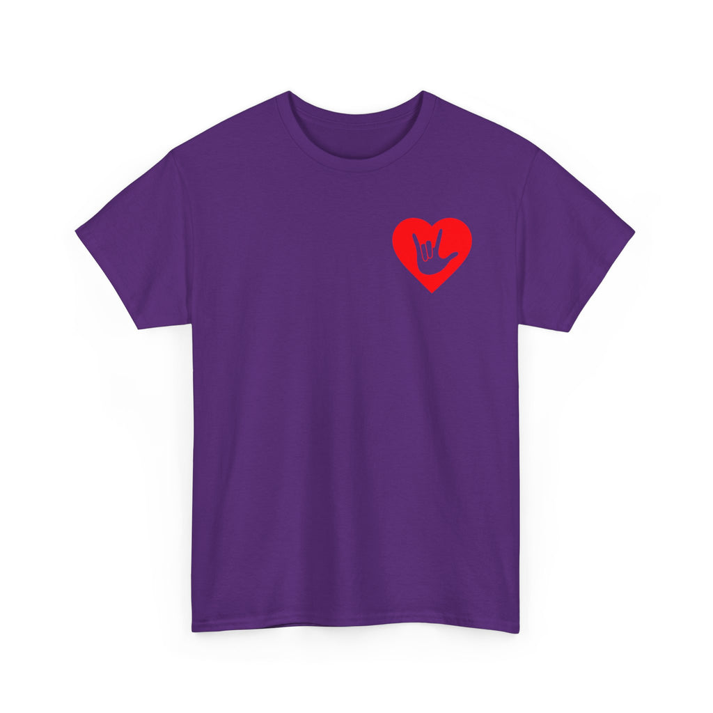Front view of a purple T-Shirt showing a red coloured heart and the iconic ASL I Love You sign embedded in it on the left side of the chest