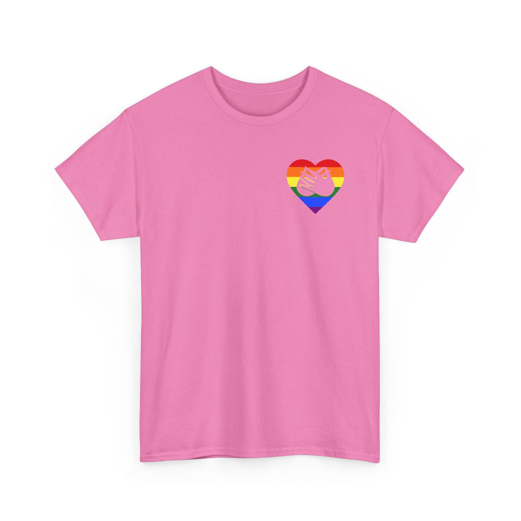 Front view of a azalea T-Shirt showing a pride coloured heart and the iconic BSL Love sign embedded in it on the left side of the chest