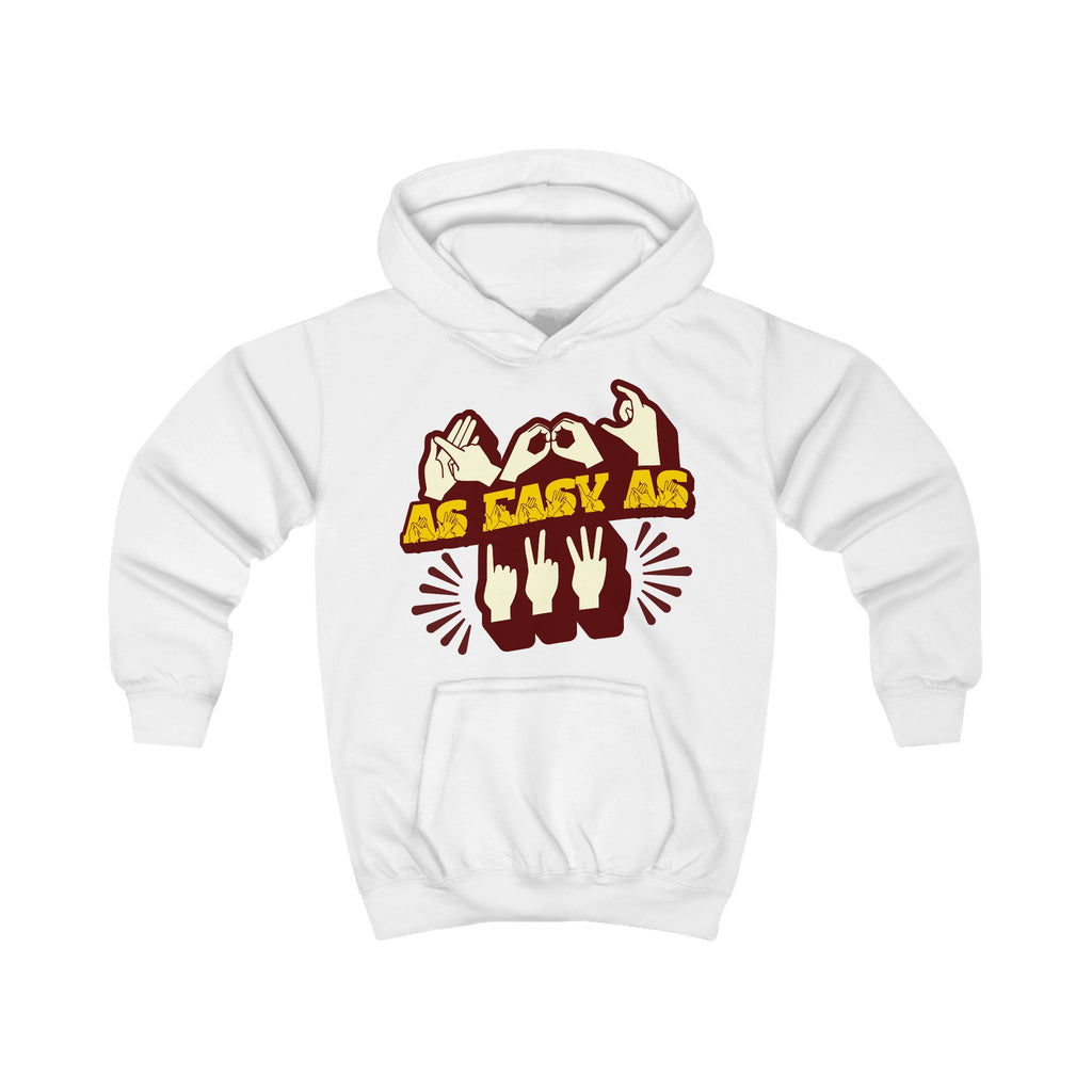 Arctic white hoodie with ‘ABC As Easy As 123’ in BSL fingerspelling and text characters