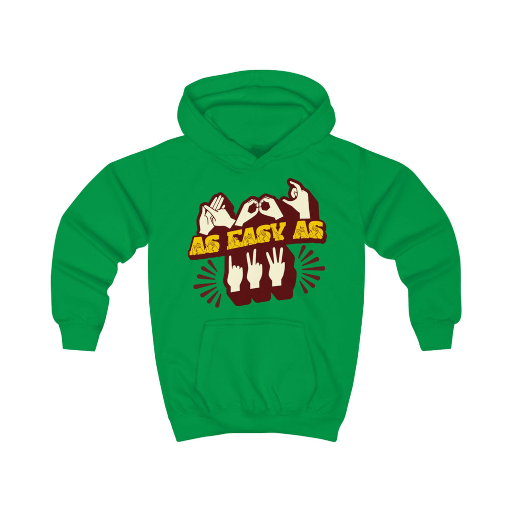 Kelly green hoodie with ‘ABC As Easy As 123’ in BSL fingerspelling and text characters