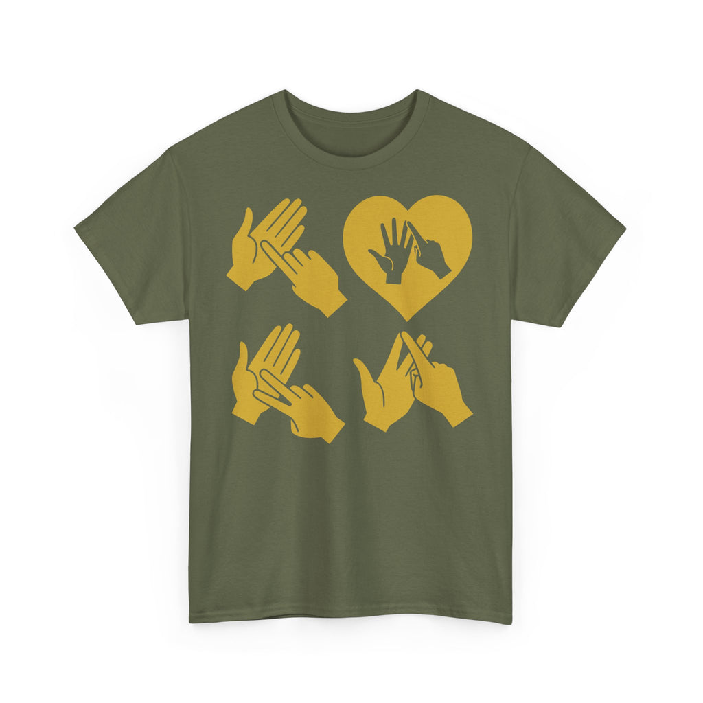 Front view of a military green T-Shirt with the word Love in gold BSL Fingerspelling with the 'O' embedded in a heart shape